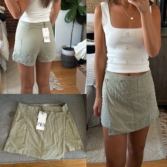 Zara Dresses & Skirts - ZARA LINEN MINI SKORT SKIRT SHORTS XS ARMY SAGE GREEN 3188/716 SUMMER CUTE KHAKI